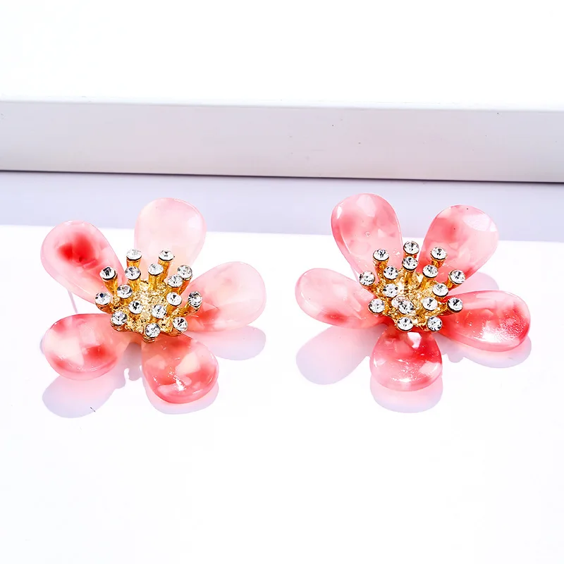 Korean Version Simple Creative Diamond-studded Acetate Plate Flower Earrings Retro Cold Wind Personality Earrings Women