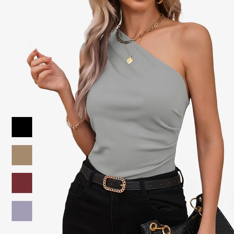 Summer trendy clothing Blank Tank Tops Elegant knitted irregular slant One shoulder pleated Sleeveless Top for womens