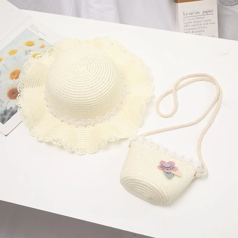 Customized Summer Wide Brim Kids Sun Beach Straw Bucket Bag and Hat Set with Pearl Baby Girl Hats From China Factory