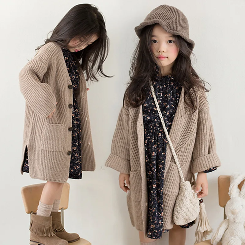Girls Knitted Plus Long Sweater Children Single Breasted Cardigan Sweater Fashion Casual Sweater For Winter Fall