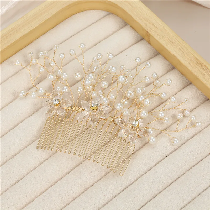 New Hot Gold Plated Handmade Copper Wire Crystal Flower Pearls Diverging Bridal Hair Accessories Headpieces Comb