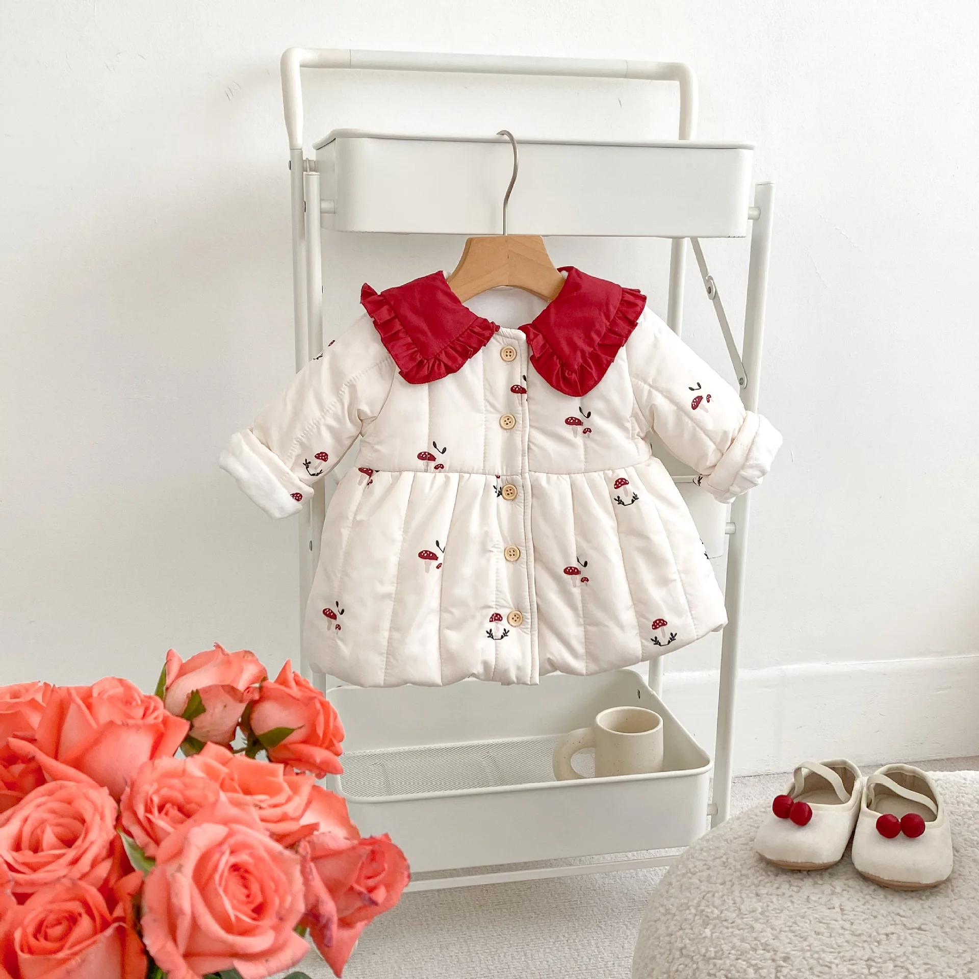 RTS Engepapa Warm Winter Infant Thickened Jacket Mushroom Print Newborn Baby Lapel Coat Long Sleeve Toddler Girl Clothes