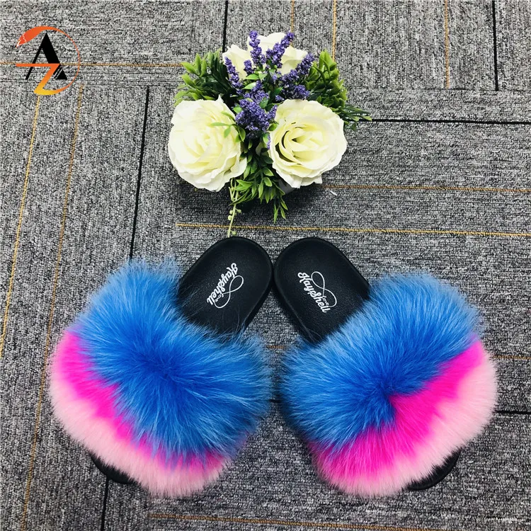 
Multi colored pink white brown furry fox fur slippers custom logo designer fur slides 