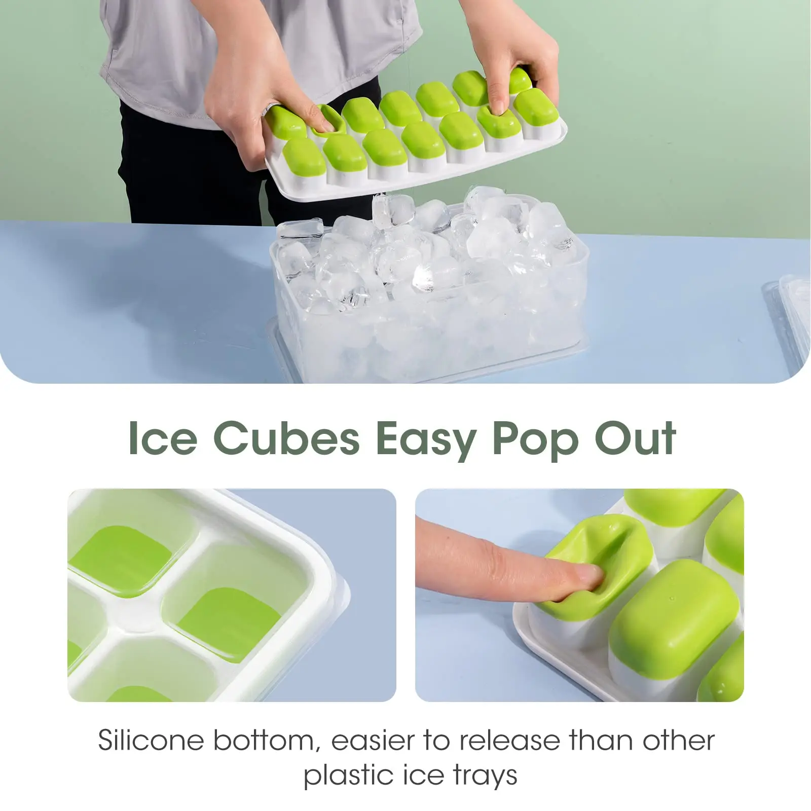 Stackable Ice Cube Tray with Lid Bucket Bin Ice Molds Silicone & Plastic Container for Freezer with Ice Box