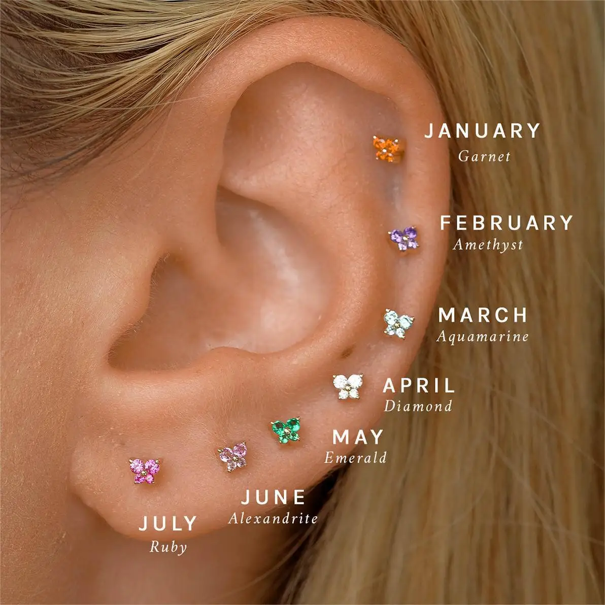 Fashion Jewelry Earrings 12 Months Birth Stone Butterfly Stud Earrings Body Piercing Jewelry