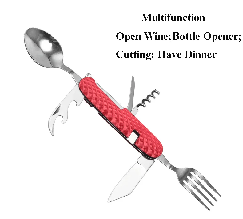 6 in 1 Multi-Function Detachable Folding Cutlery Set Stainless Steel Spoon Fork and Knife Opener Outdoor Camping Tableware Set