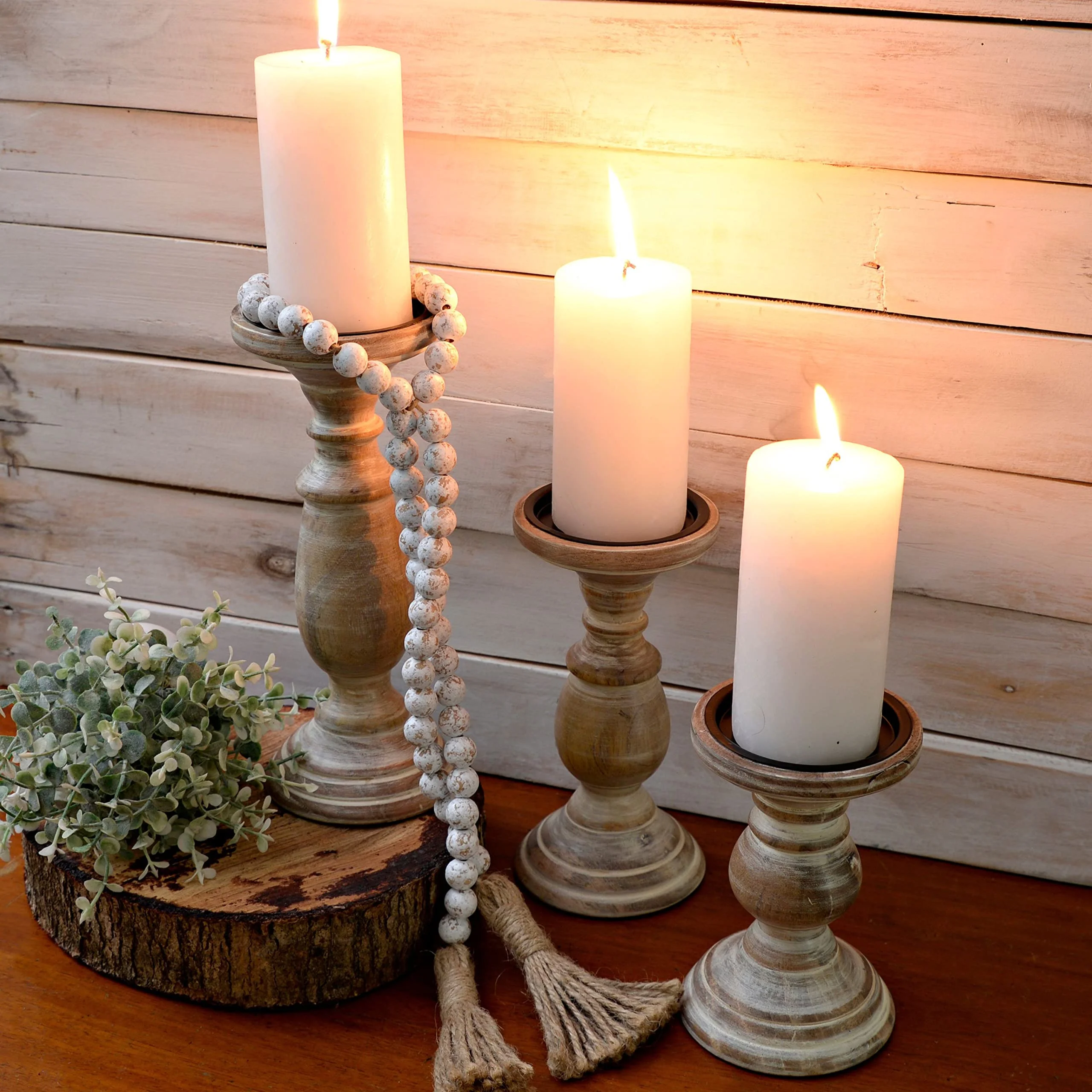 A set of 3 wooden candlesticks, shabby candlesticks, Candlelight Dinner Candle holder