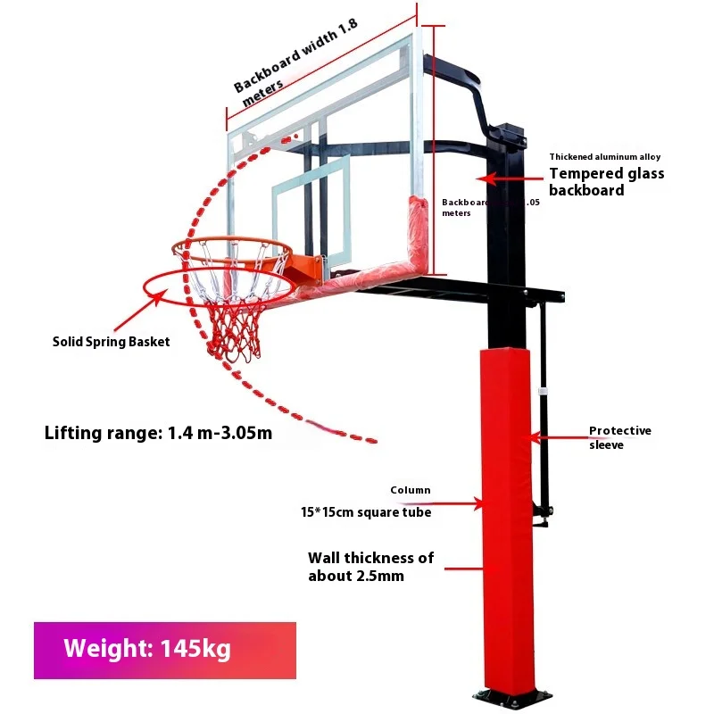 Outdoor adult standard pre buried basketball frame with adjustable and movable basketball stand for entertainment games