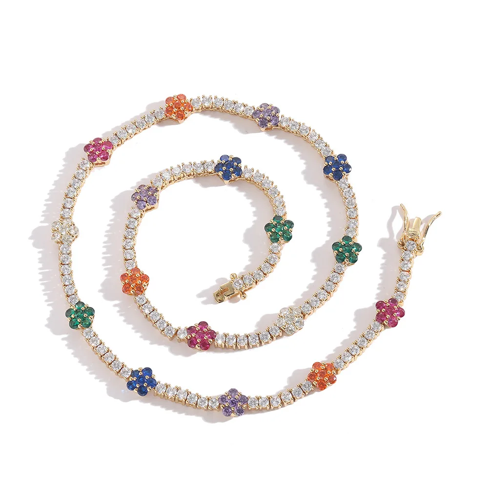 Fashion Jewelry 2023 Colored  Tennis Chain Colored Diamond Flower Shape Floral Tennis Chains  925 Sterling Silver Women Necklace