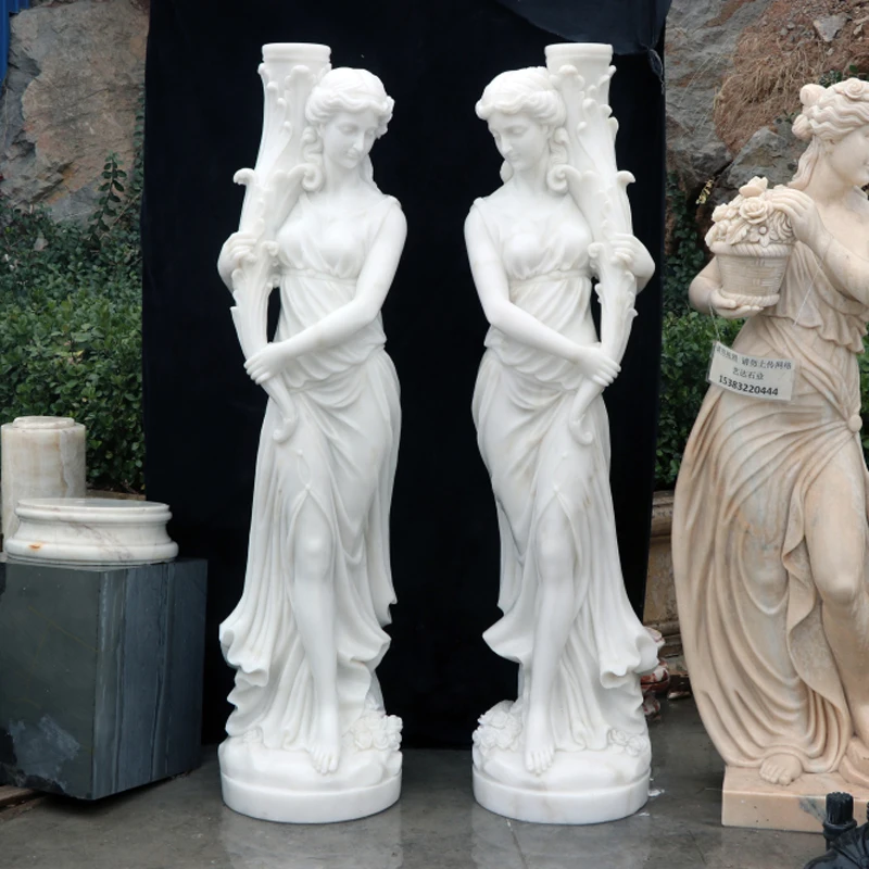 Natural Stone Female Statue Occidental Lady Girl Marble Sculpture With Flower Basket