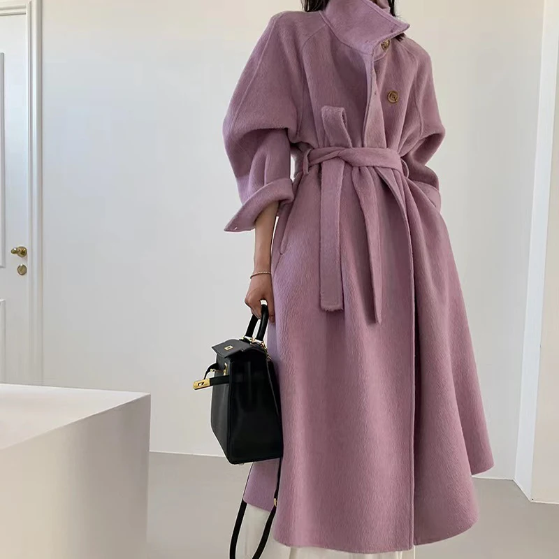 New Autumn And Winter Double-Sided Cashmere Premium Temperament Stand Collar Long Coat For Women