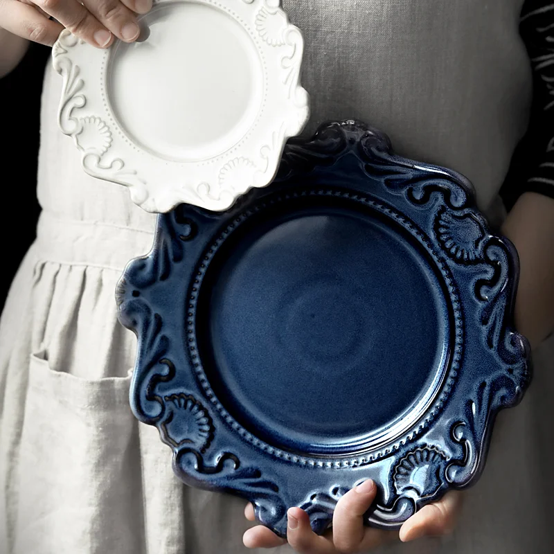 European Baroque Style Plato Ceramica Ceramic Embossed Pattern Plate, Porcelain Vintage Serving Dining Plate