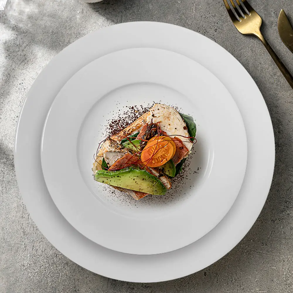 Wholesale 2024 Custom White Porcelain Ceramic Restaurant Desert Plates Chinese Turkish round Shape Engraving Technique Food Use