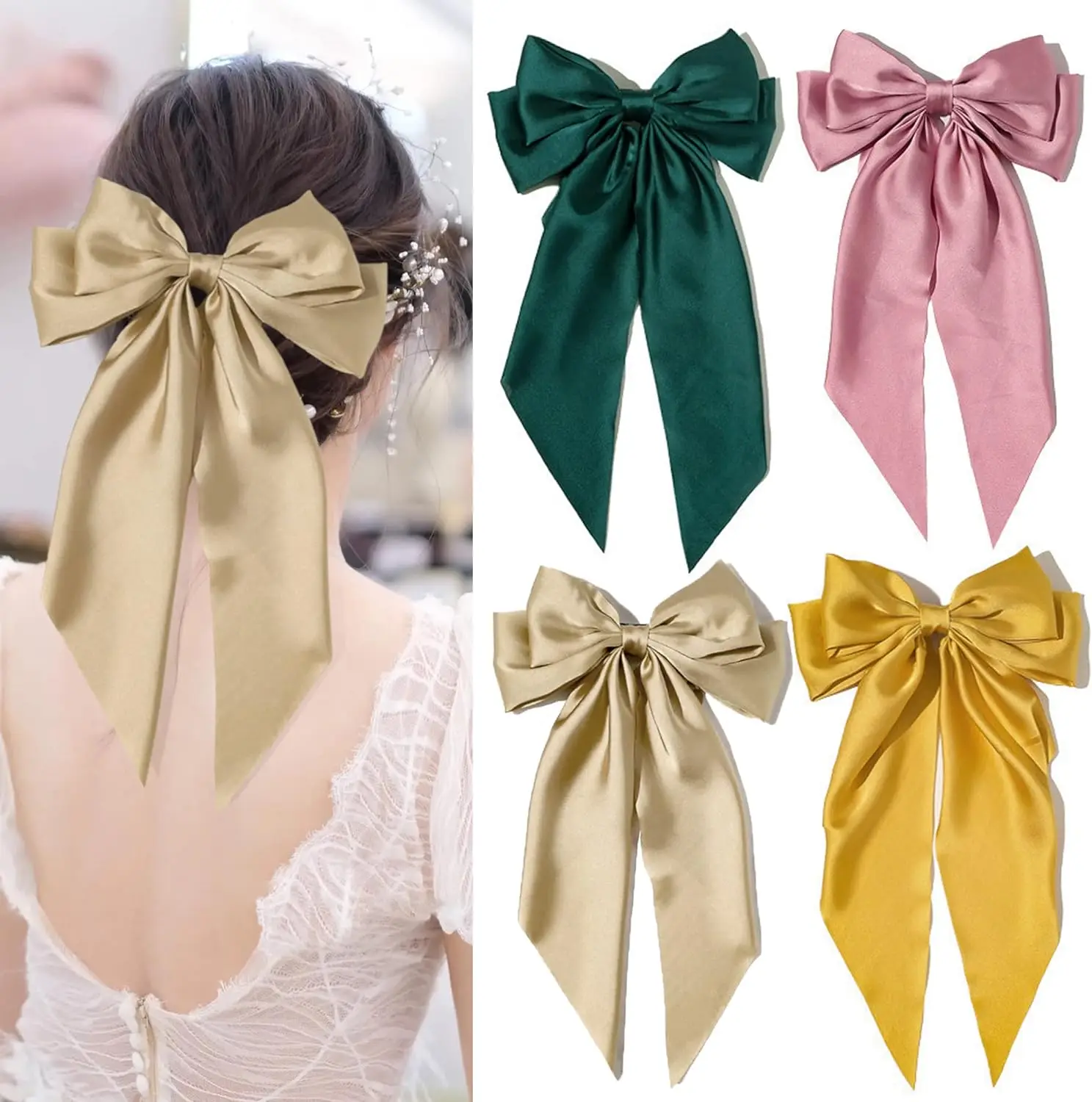 Customizable  Big Bow Hair Clips Solid Color Bowknot Hairpin French Barrette with Long Silky Satin for Adult Teens Women