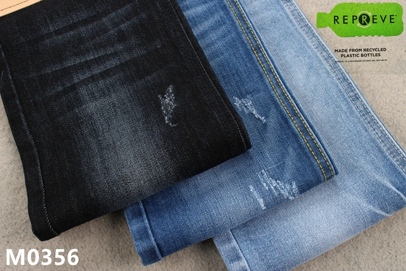 Recycled polyester unifi repreve material with slub denim fabric for man jeans