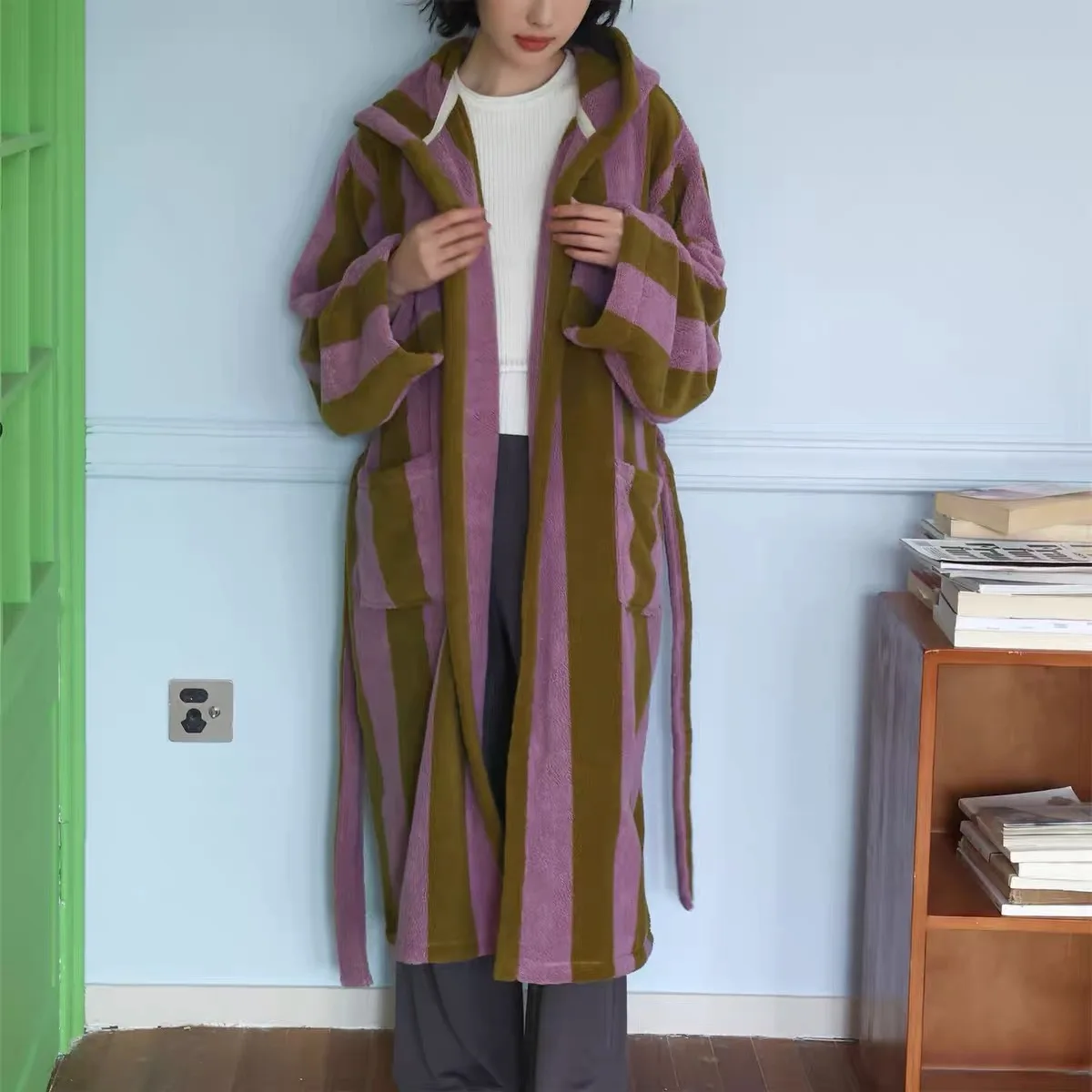 Oeko tex 100 long mens dressing gown luxury bathrobe soft absorbent stripe cotton terry robe with hood