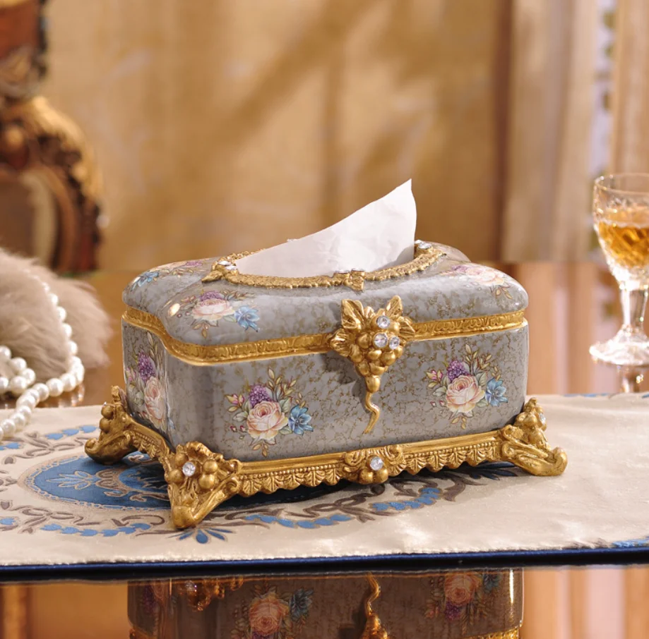 High Quality Multi-functional Desktop Golden Line Rhinestone Resin Container Tissue Box