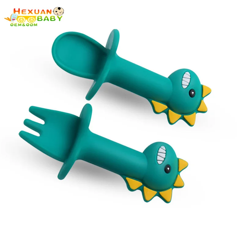 BPA Free Food Grade Dinosaur Animal Fork Spoon Feeding Silicon Plate Baby Set