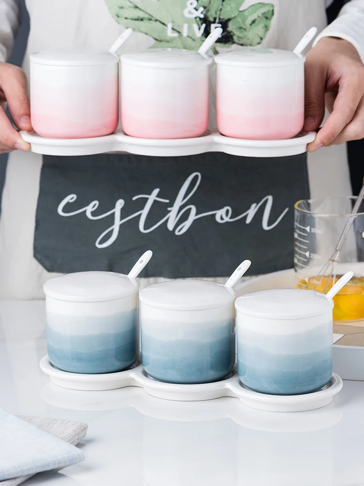 
Simple Color Gradient Ceramic Spice Jar Nordic Style Household Kitchen Seasoning Jar 