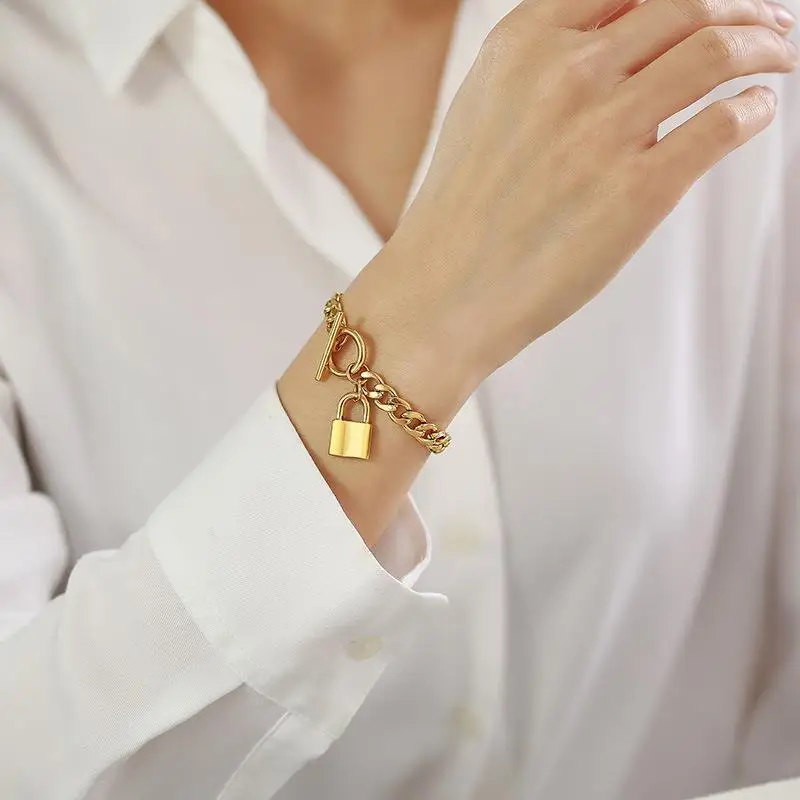 New Design 7mm 18K Gold Stainless Steel Cuban Link Chain Lock Pendant Bracelet For Men Women Unisex