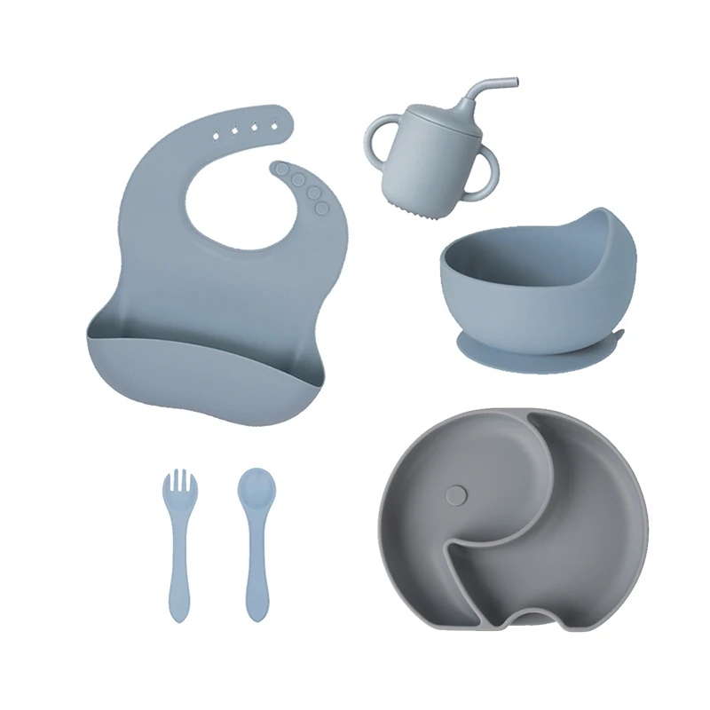 6 Pcs Baby Weaning Supplies with Suction Bowl Divided Plate Feeding Dish Set with Spoons Forks Sippy Cup Adjustable Silicone Bib