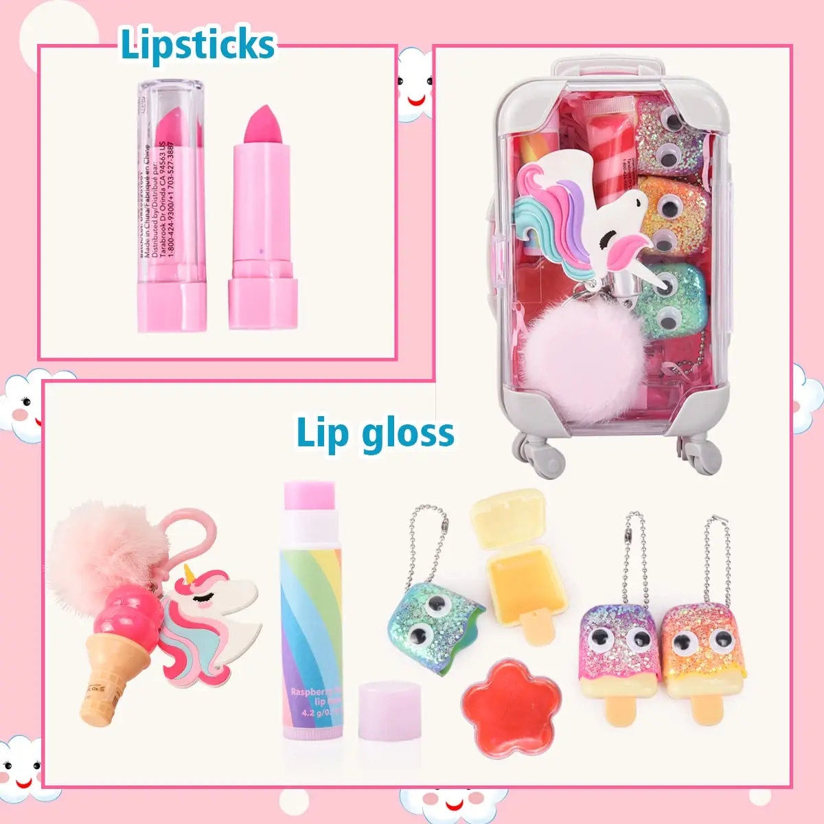 Glitter toy for kids care set with suitcase fruity flavors lip gloss wholesale bulk