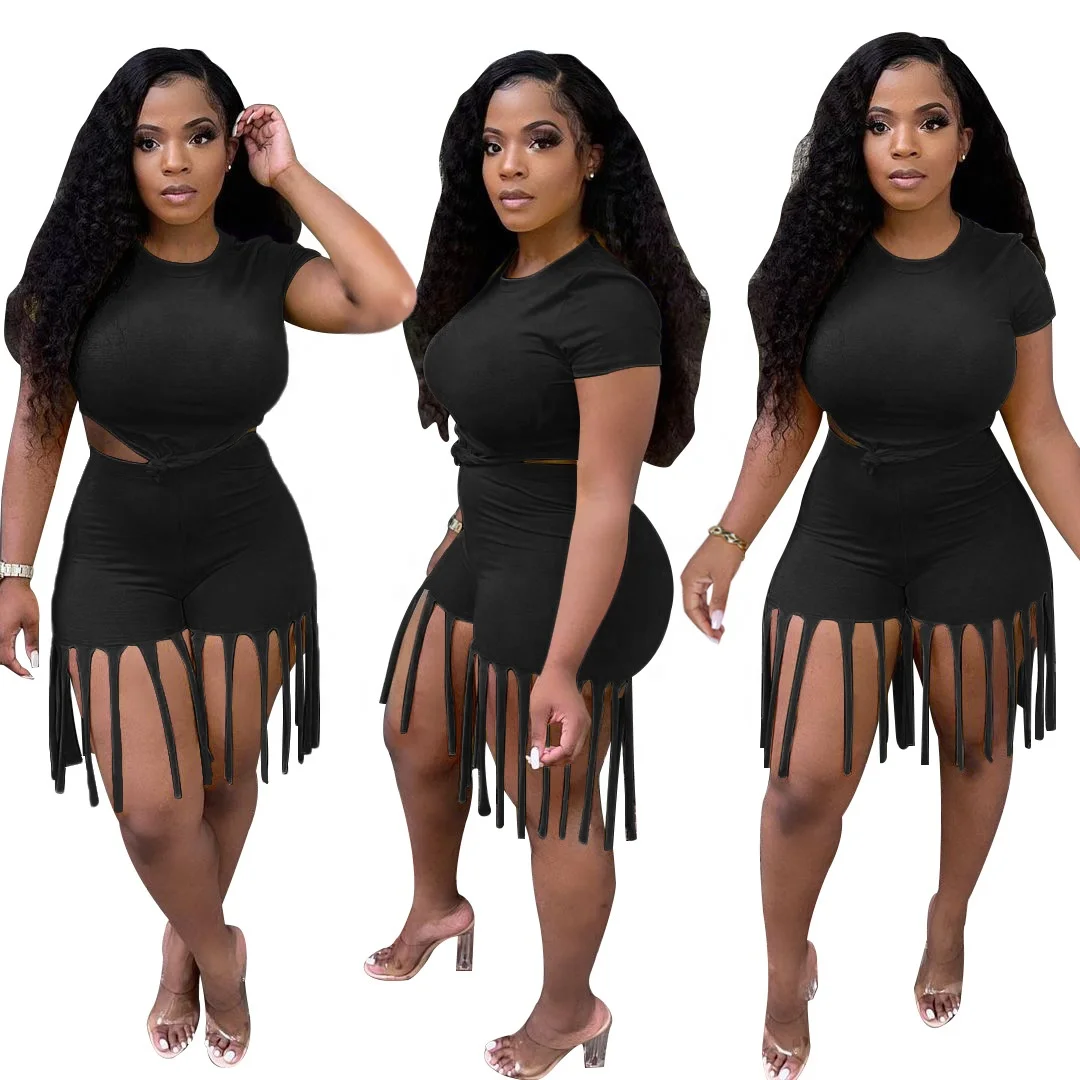 
QC-S390115 2021 new arrivals summer set women two piece shorts and crop top solid breathable long tassels biker short set women 