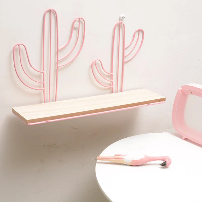 Wholesale China supplier cactus shaped wall mounted metal wire floating shelf with wood base for home decor