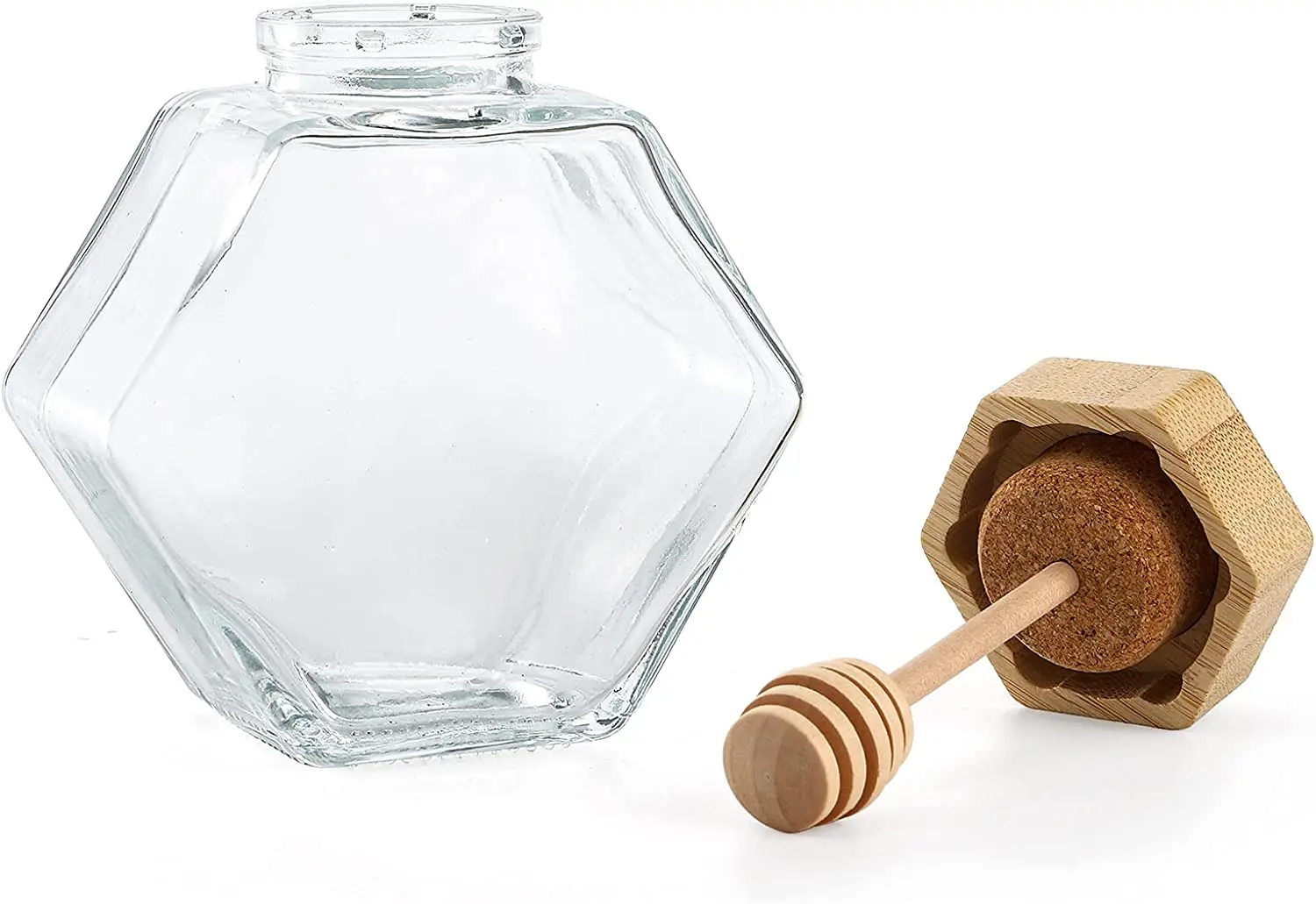 7 Oz Honey Pot Jars, Glass Honey Pot with Wooden Dipper and Cork Lid, Hexagon Shape Honey Container Dispenser Storage