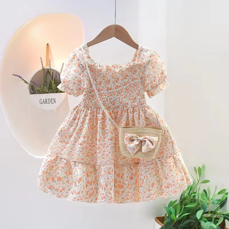 Conyson Latest Design Little Kid Girls Clothing New Style Lovely Floral Printed With Bag Summer Tops Baby Girl Lawn Dresses