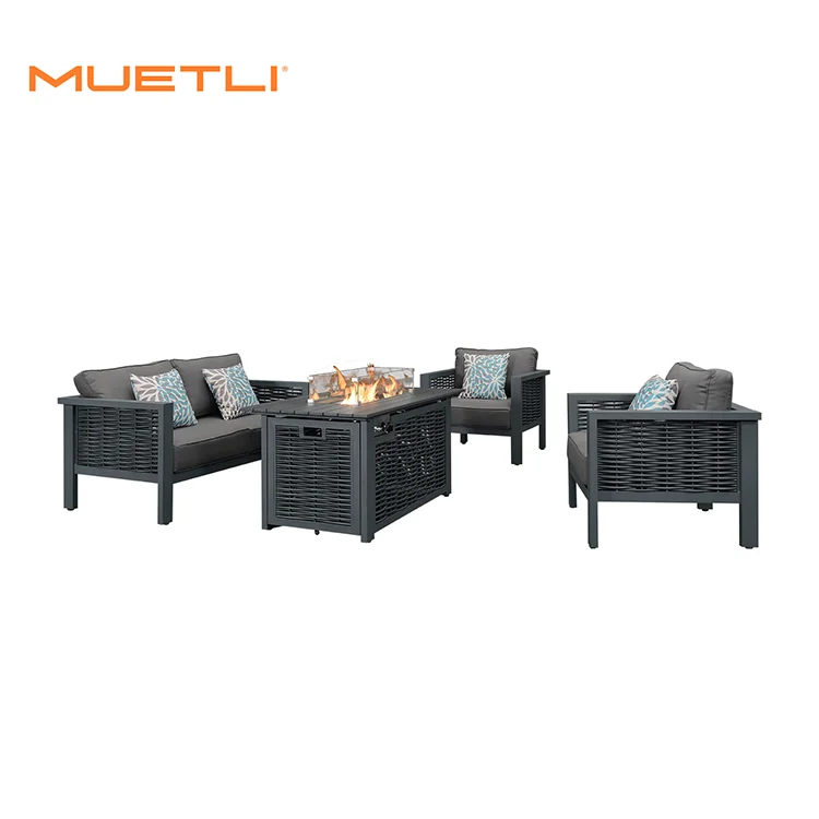 
Patio Wicker Base Assembly Gas Fire Pit Outdoor Office Iron Sofa Set Furniture Items with Firepit Table 