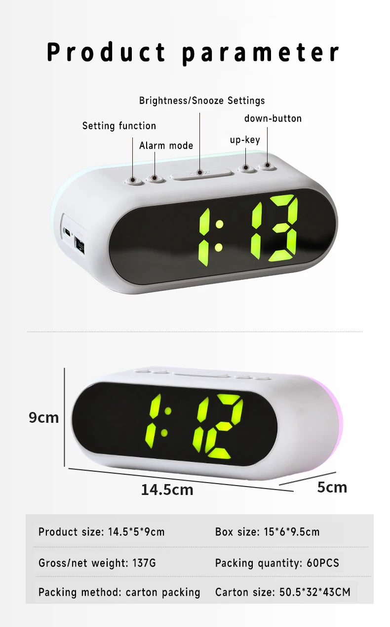 Digital Alarm Clock for Bedrooms Snooze Feature Wake Up Light Night Light Alarm Clocks Mobile Phone Charging
