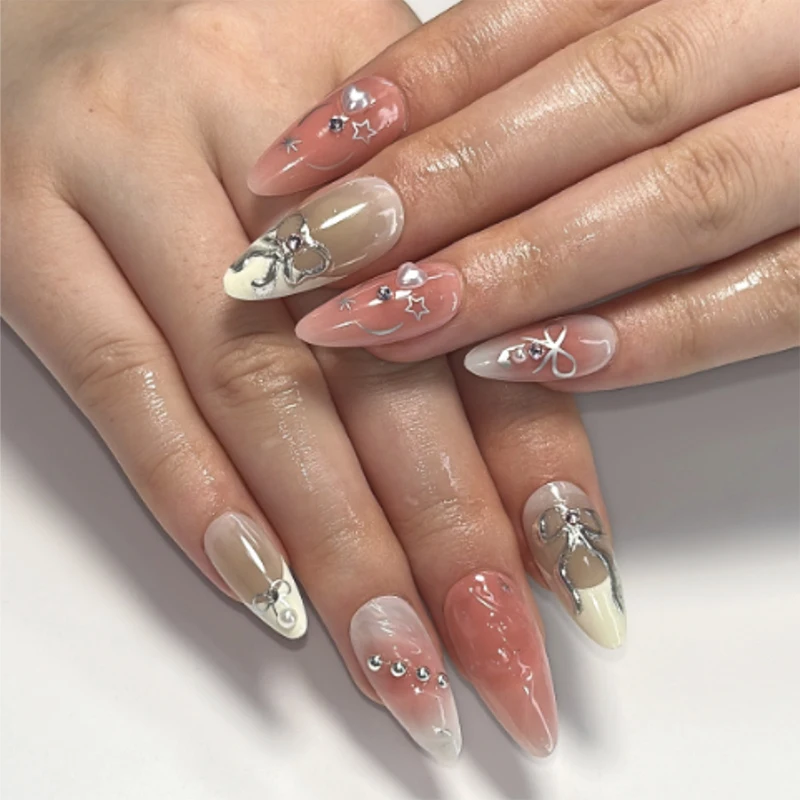 24pcs 3D Bow nail art 3D handmade magic mirror powder fake  nail French love blush pressed on nails supplier