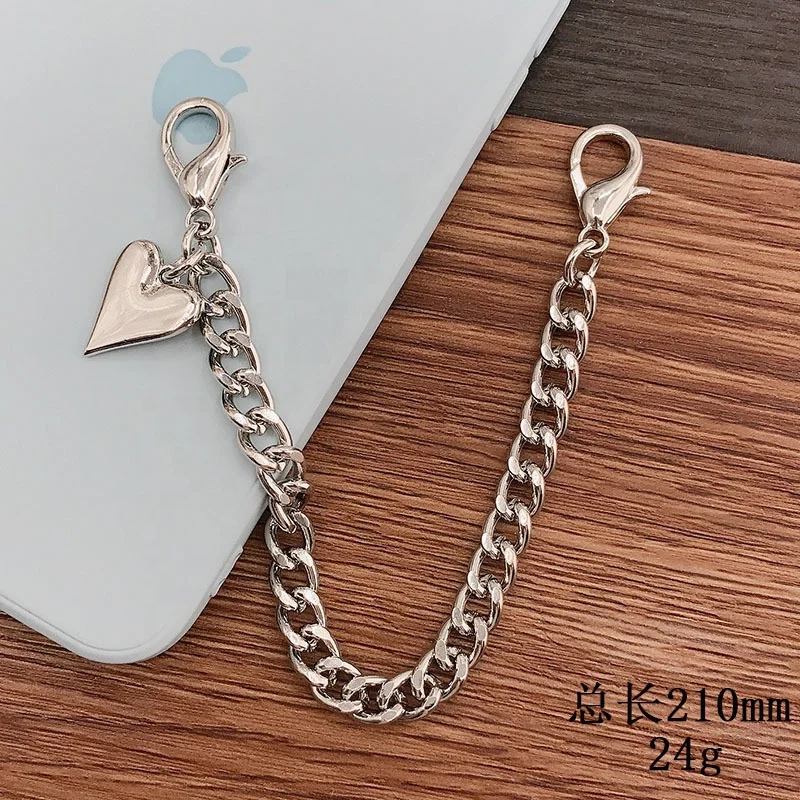 High Quality silver Metal heart shape costom cell Phone  adjustable botton chain