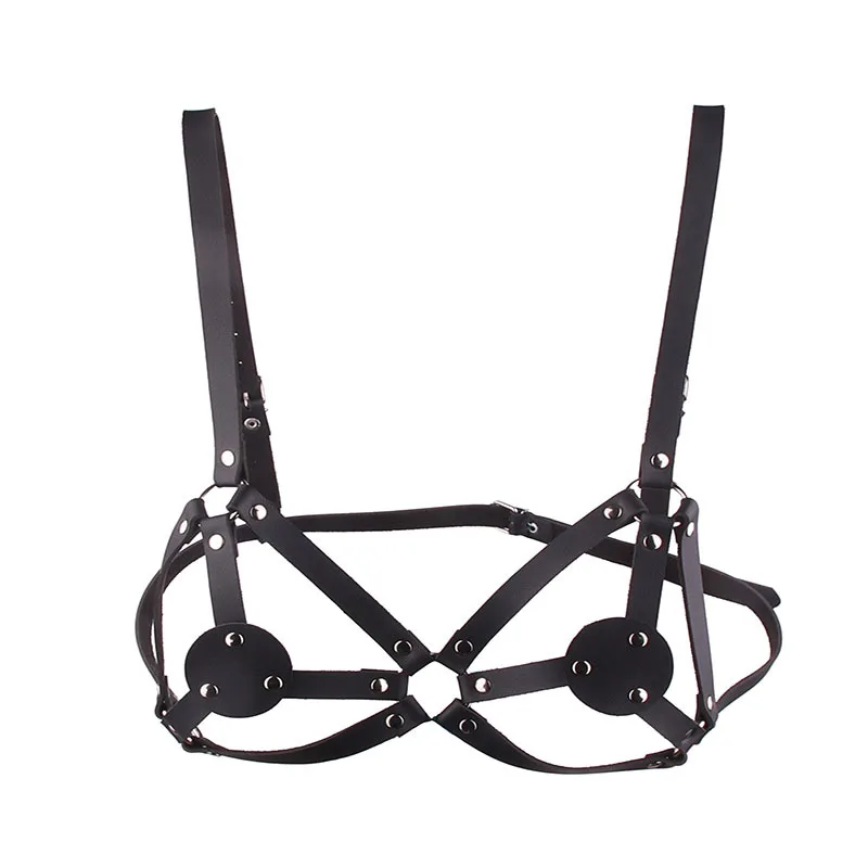 Leather Neck Collar Open Breast Bondage Body Harness Crop Top Cage Bra Gothic Punk Style For Women