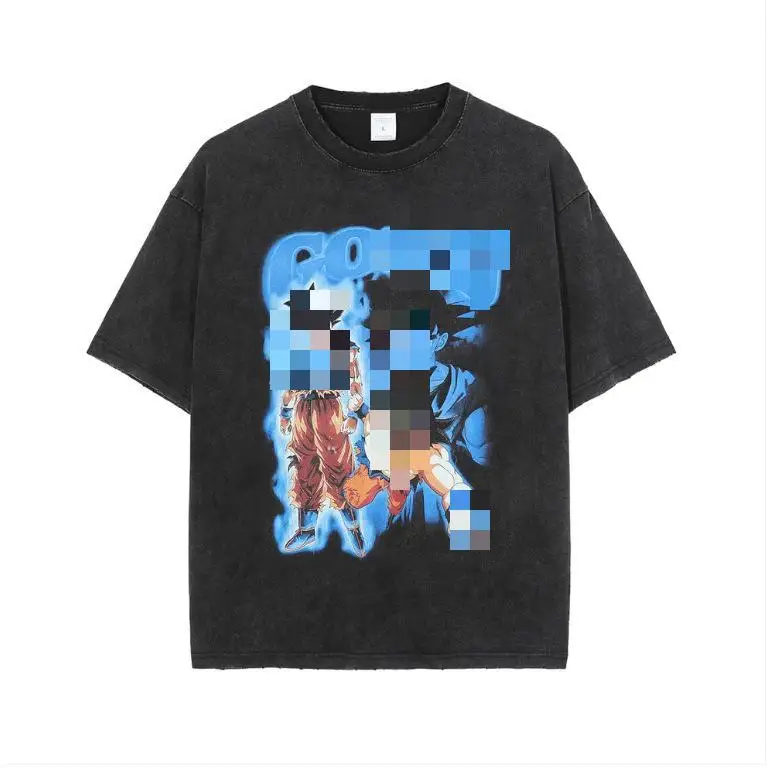 2024 new fashion Anime Cartoon 100 cotton 240g High Street Vintage Wash Print Short Sleeve T-Shirt clothing for men