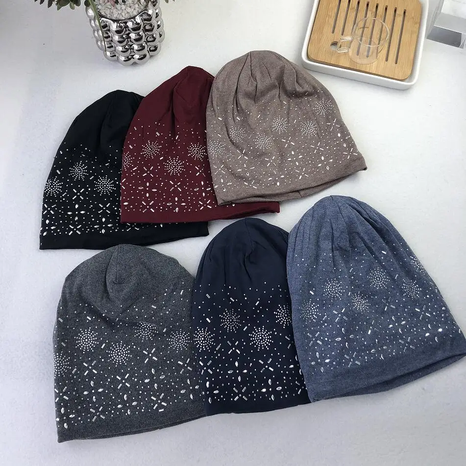 Women Winter Faux Fur Lined Jersey Rhinestones Studded Beanie Muslim Israeli Thick Pattern Print Slouchy Hat with Stones