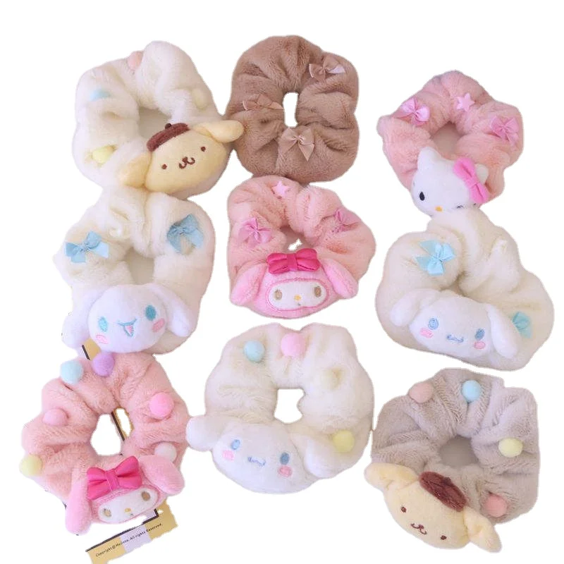 JIRIS Sweet Soft Hair Scrunchies Sanrio Kitty Bow Fur Scrunchies Cartoon Winter Scrunchies In Hair Hair Ponytail Ties For Girls