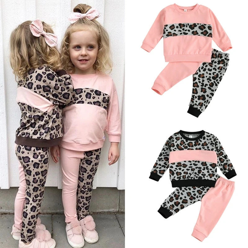 
Fall 2021 girls patchwork leopard print sweatshirt top girls sportswear set 