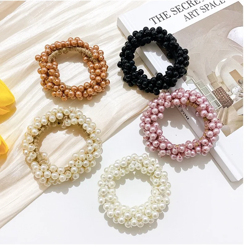 Candy Color Handmade Crochet Full Crystal Pearls Elastic Hair Bands Elegant Ponytail Hair Ties For Women