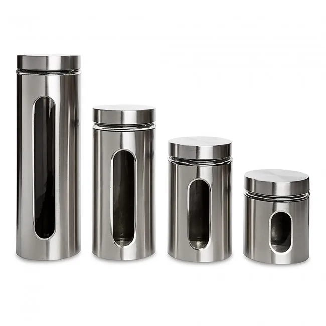 
4Pcs Stainless Steel Storage Glass Canister Sets With Oval Window For Kitchen 