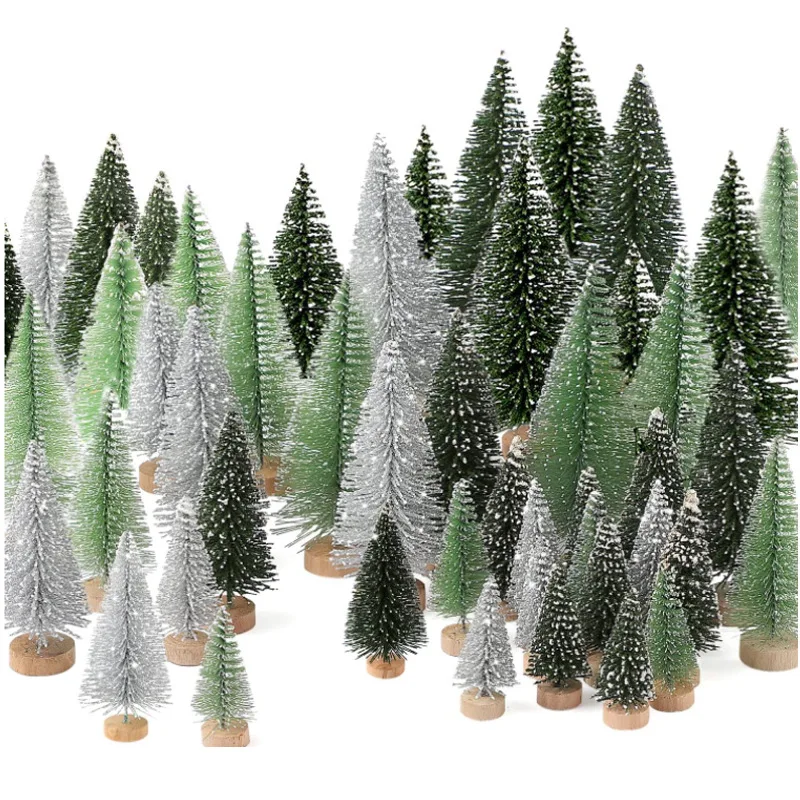 Mini Artificial Christmas Trees Sisal Snow Trees with Wooden Base for Christmas Decor Party Home Table Craft Christmas Tree Set