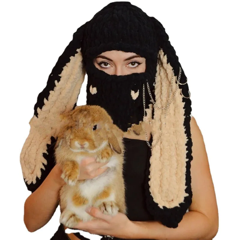 RTS Fashion Winter Warm Balaclava Full Face Knit Ski Mask with Cute Bunny Ears Kawaii Crochet Face Cover Mask for Adults