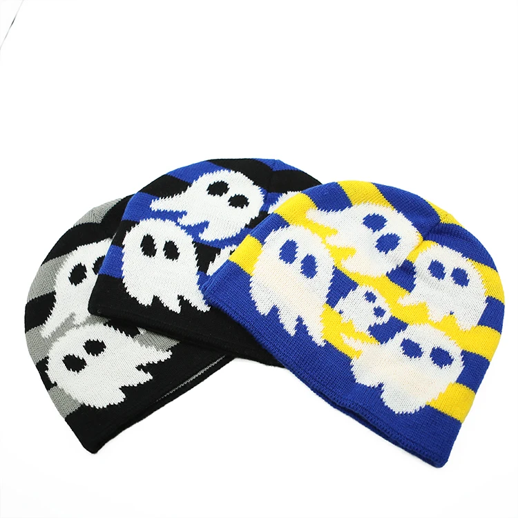 Halloween Beanie Skull Hat Ghost Slouchy Beanie No Cuff Jacquard toque for Men Women Warm Winter Knit Beanie Gift