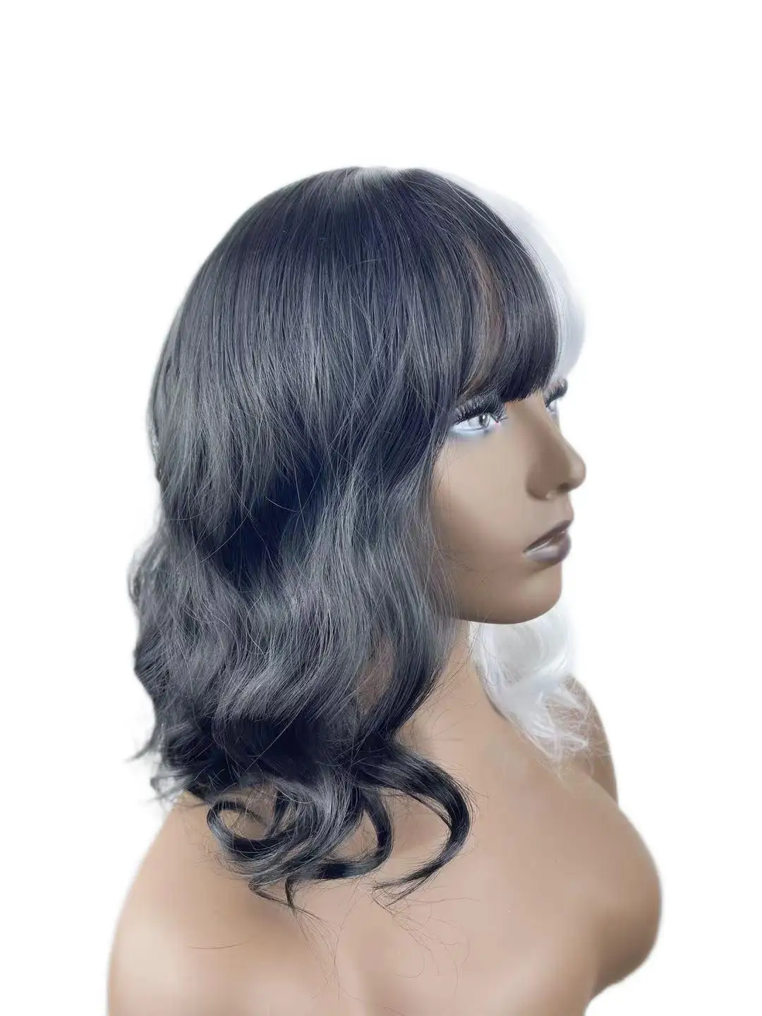 Black and white double bangs micro curl large wave medium and long curly hair synthetic fiber high temperature resistance