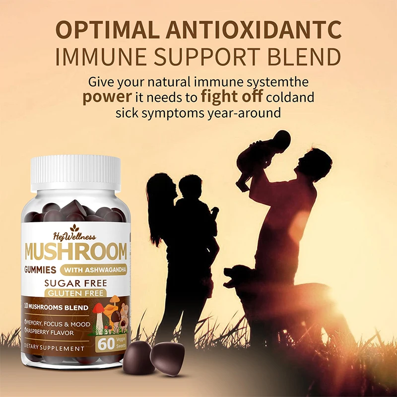 Private Label Oem Mushroom Gummies 10X Complex Mushroom Supplement Lions Mane Gummies With Ashwagandha
