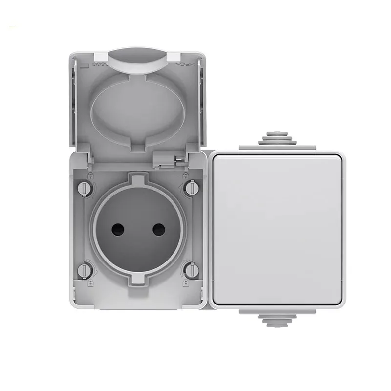 2 Way Light Switch and 2 Round Pin Power Outlet with Shutter Surface Mounted Horizontal Type Wall Electrical Switch Sockets Eu