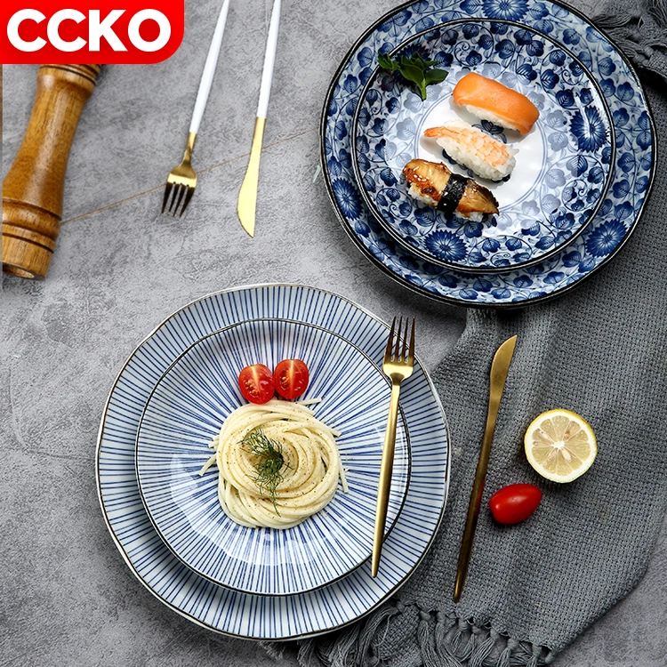 Ceramic Japanese Blue Pink Flower Tableware Ceramic Plates Sets Custom Dessert Sushi Dinnerware Plates For Restaurant Hotel
