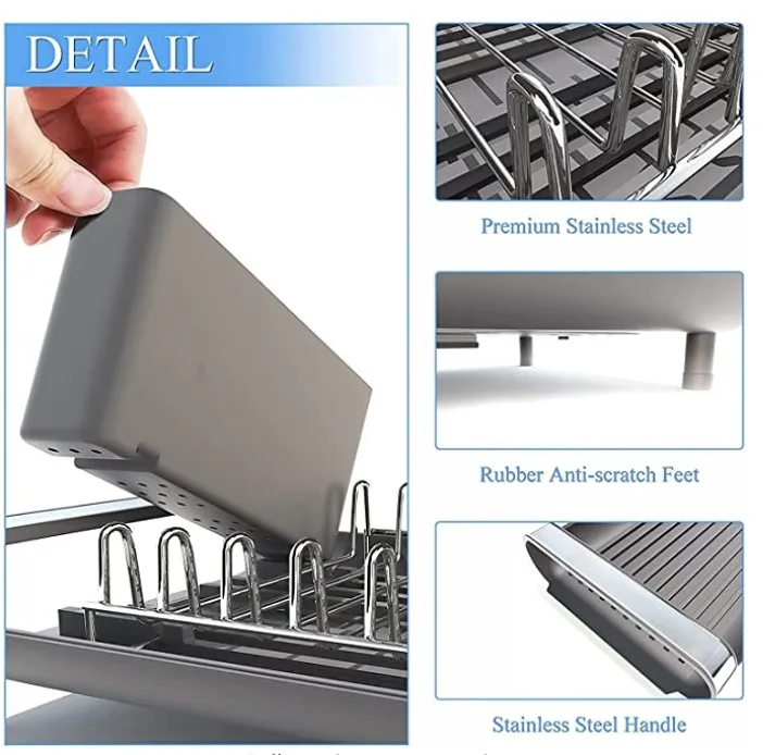 Dish Drying Rack Small Compact Extendable in Sink Plastic and Steel, Dish Racks Expandable Rustproof Dish Drainer Non-Slip Feet