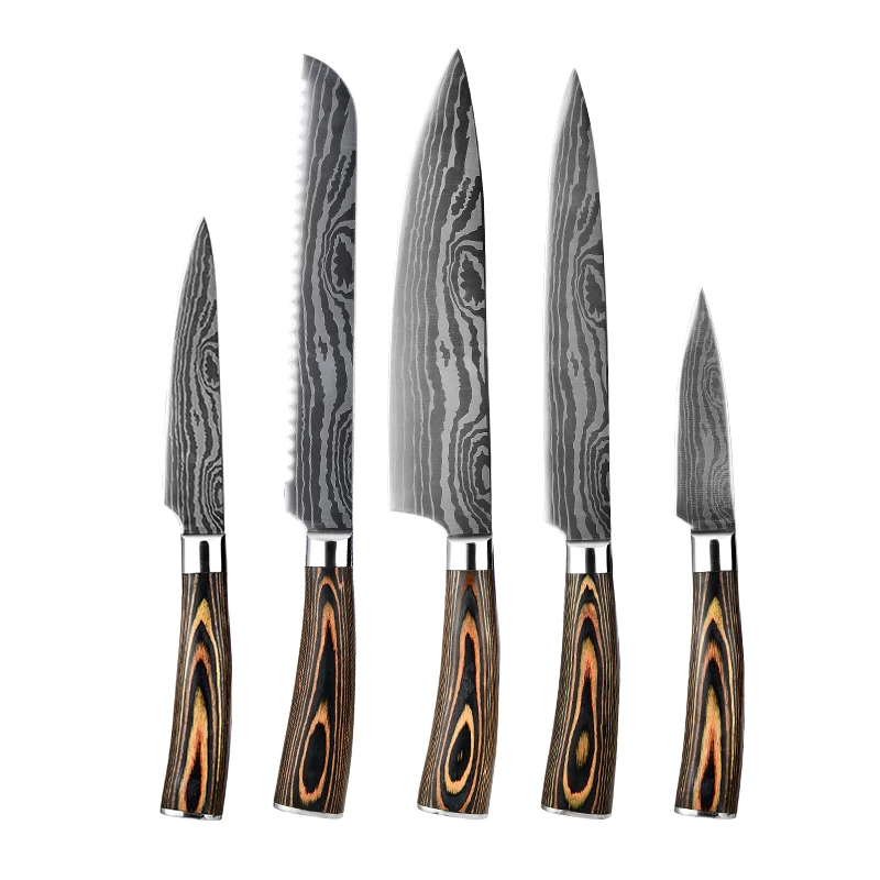 Laser Damascus Pattern Chef Knife Kitchen Knives Set With Pakka Wood Handle